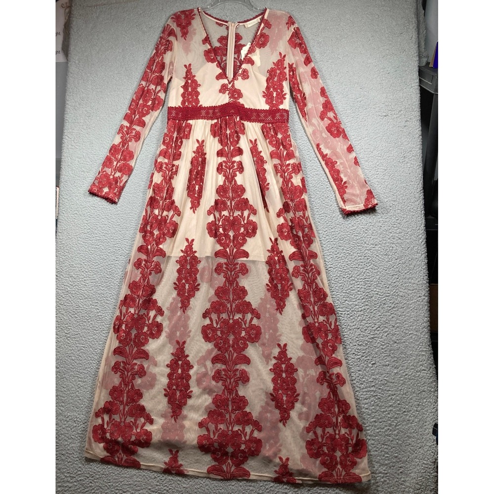 Altar'd State Norrie Maxi Dress Women Large Beige Red Floral Embroidered Mesh